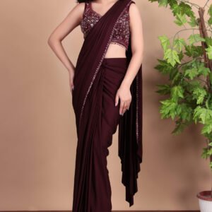 Wine color satin saree with embellished sleeveless blouse for party and wedding wear